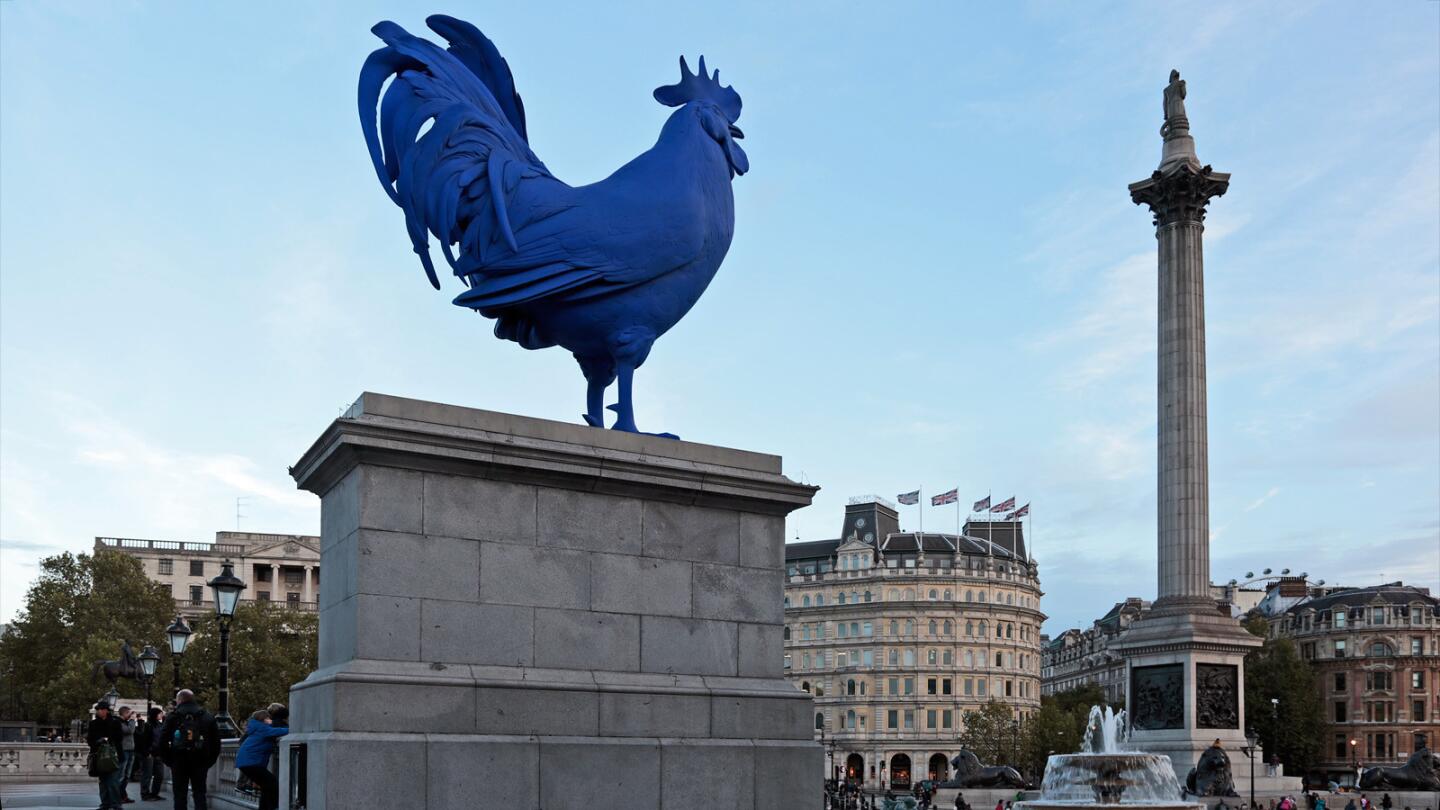 "Hahn/Cock," by Katharina Fritsch, is the current commissioned artwork for Trafalgar Square's Fourth Plinth (shown here with Nelson's Column in the background). It stands about 15 feet high.