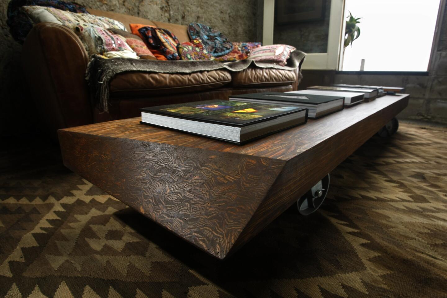 Turrent designed the coffee table, which is made of a pine beam from a warehouse in Los Angeles. "By twisting the geometry of the piece, you can see it's different textures," she said.