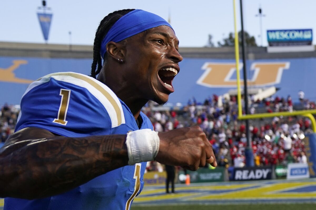 UCLA quarterback Dorian Thompson-Robinson celebrates during a win over Utah at the Rose Bowl on Oct. 8.