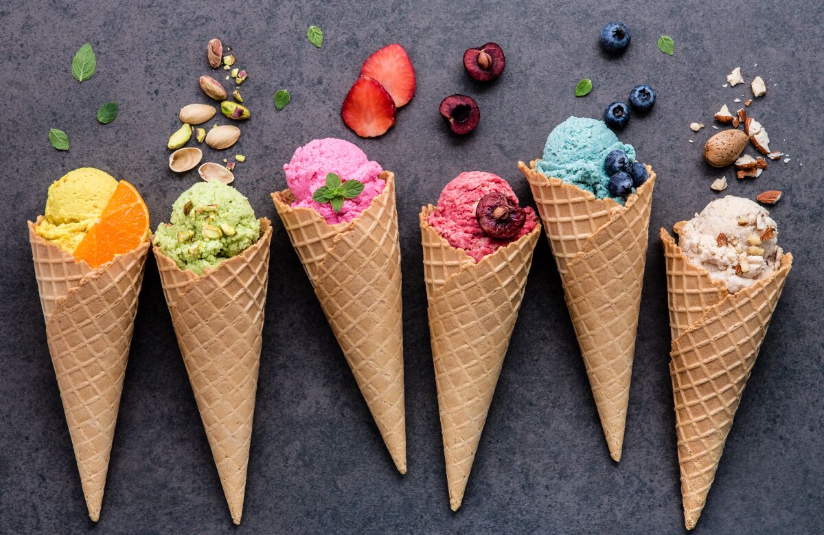 Various ice cream flavors in cones