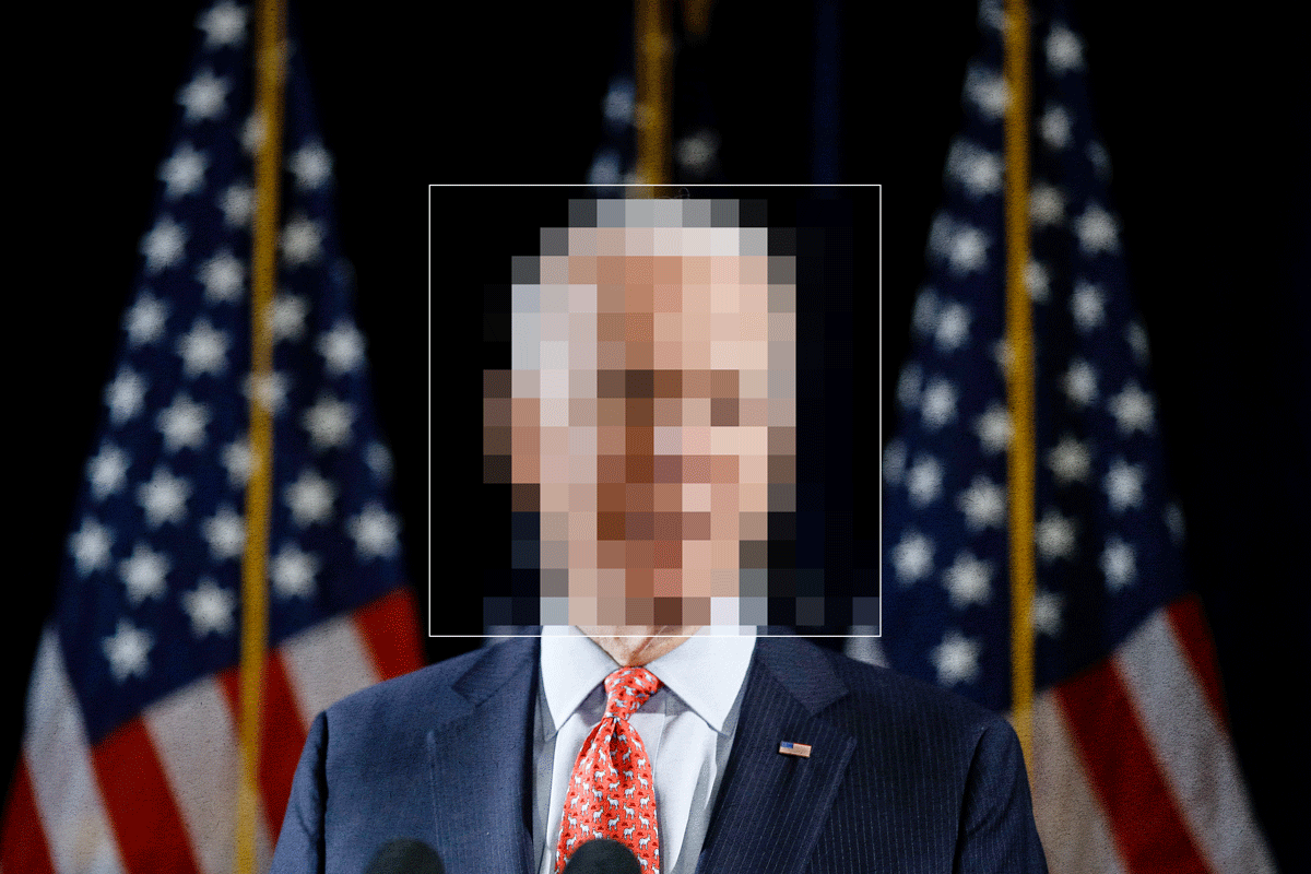 Photo of Joe Biden with a pixelated head inside a thin white box