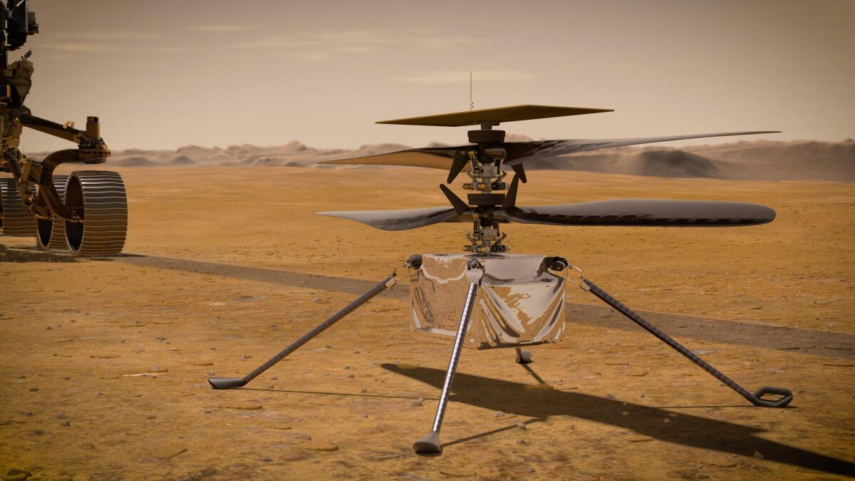 NASA Ingenuity Mars Helicopter on the red planet's surface near the Perseverance rover, left.