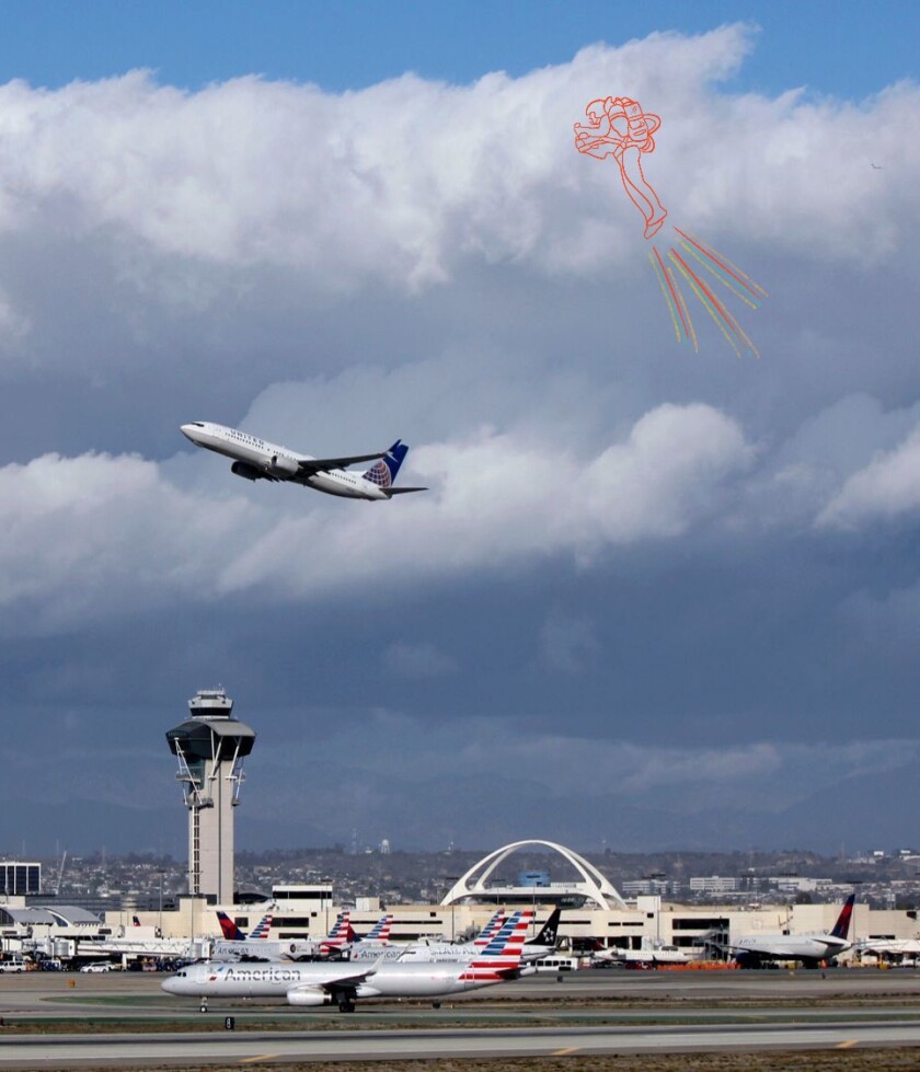 Photograph of an airplane at LAX, with an illustration of a character in a jet pack.