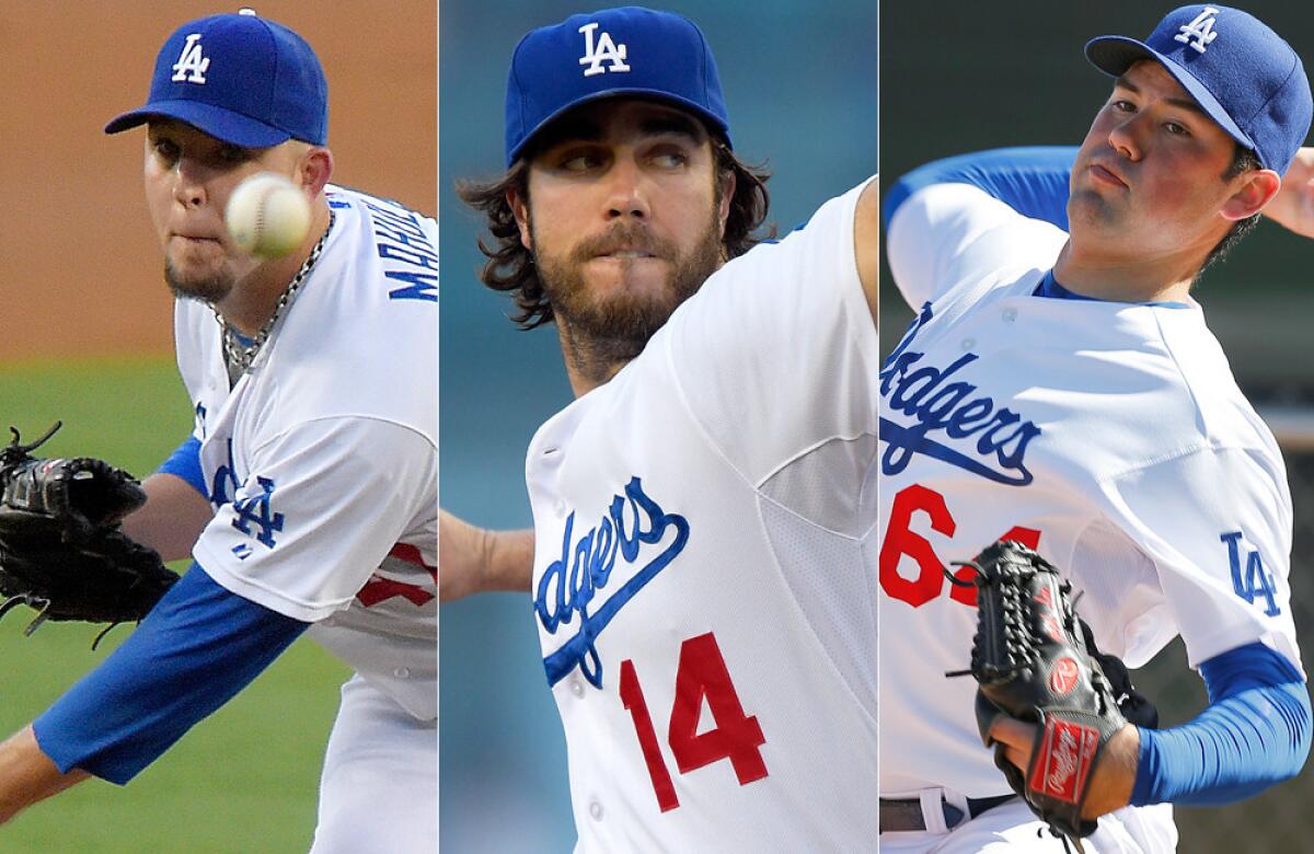 The now-injured Paul Maholm, left, was supposed to be the Dodgers' backup plan as a starting pitcher; Dan Haren has a 6.52 ERA in his last 11 starts; pitching prospect Zach Lee is 6-10 with a 5.22 ERA at Triple-A Albuquerque this season.