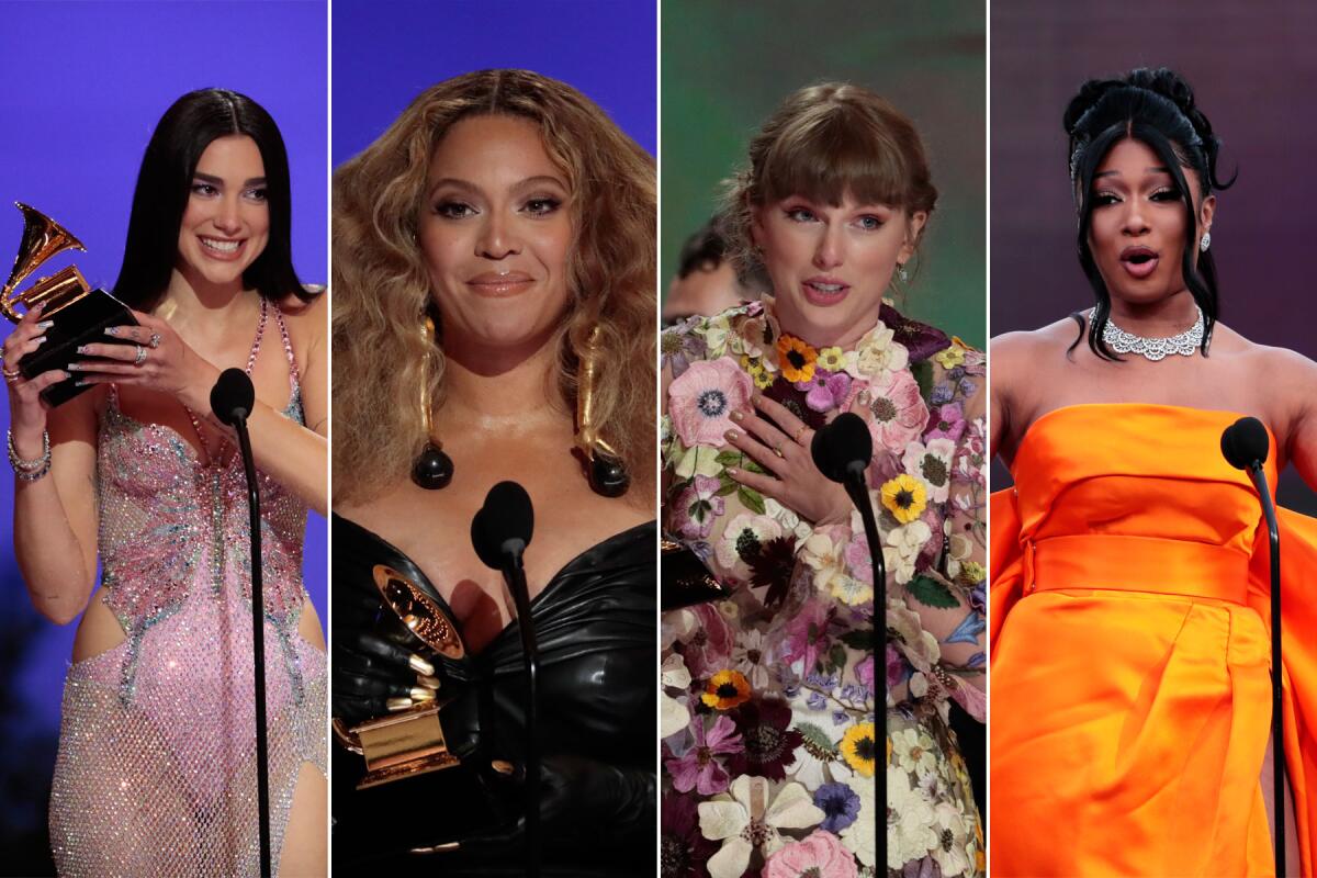 2021 Grammy Winners Dua Lipa, Beyoncé, Taylor Swift and Megan Thee Stallion.