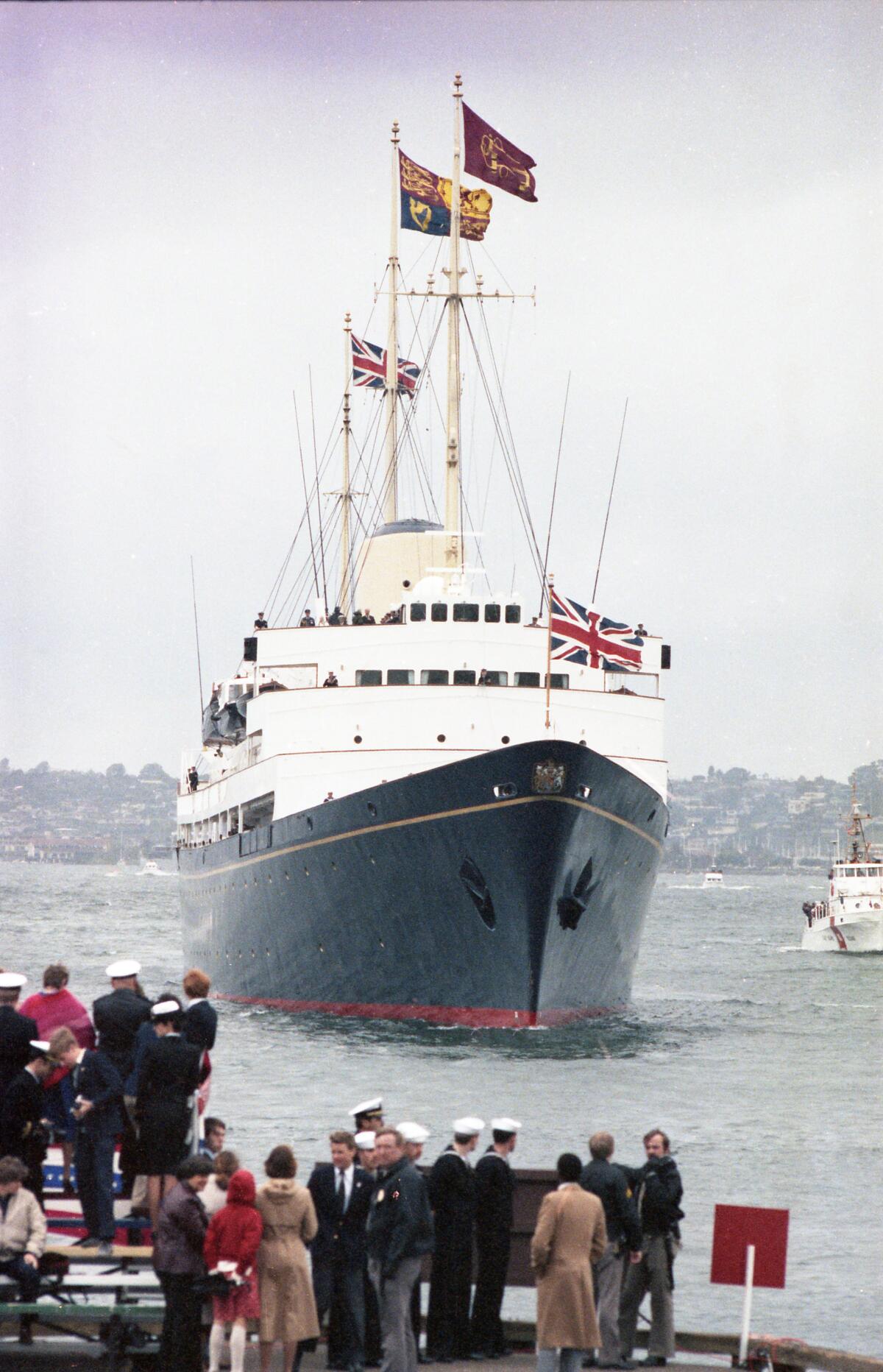 Queen Elizabeth's royal yacht Britannia arrives in San Diego Harbor.