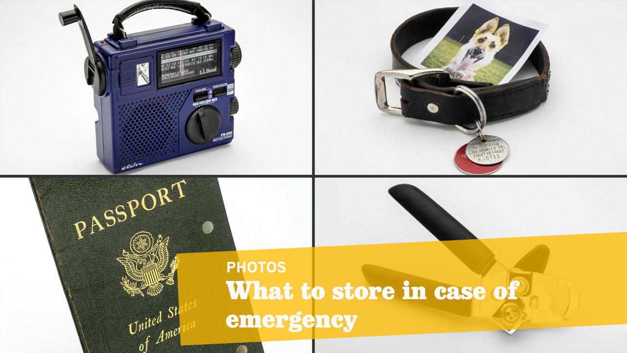 Clockwise from left: A hand-crank radio, your dog tags, can opener and passport are some essentials to prepare for the next big earthquake.