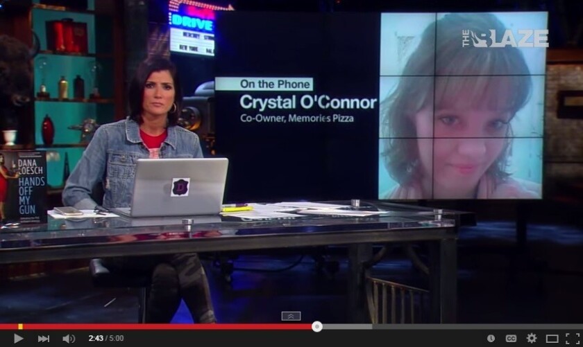 A screen shot of TheBlaze TV host Dana Loesch interviewing Crystal O'Connor, co-owner of Memories Pizza, about the reaction to her statement that her restaurant wouldn't provide pizzas for a gay wedding.