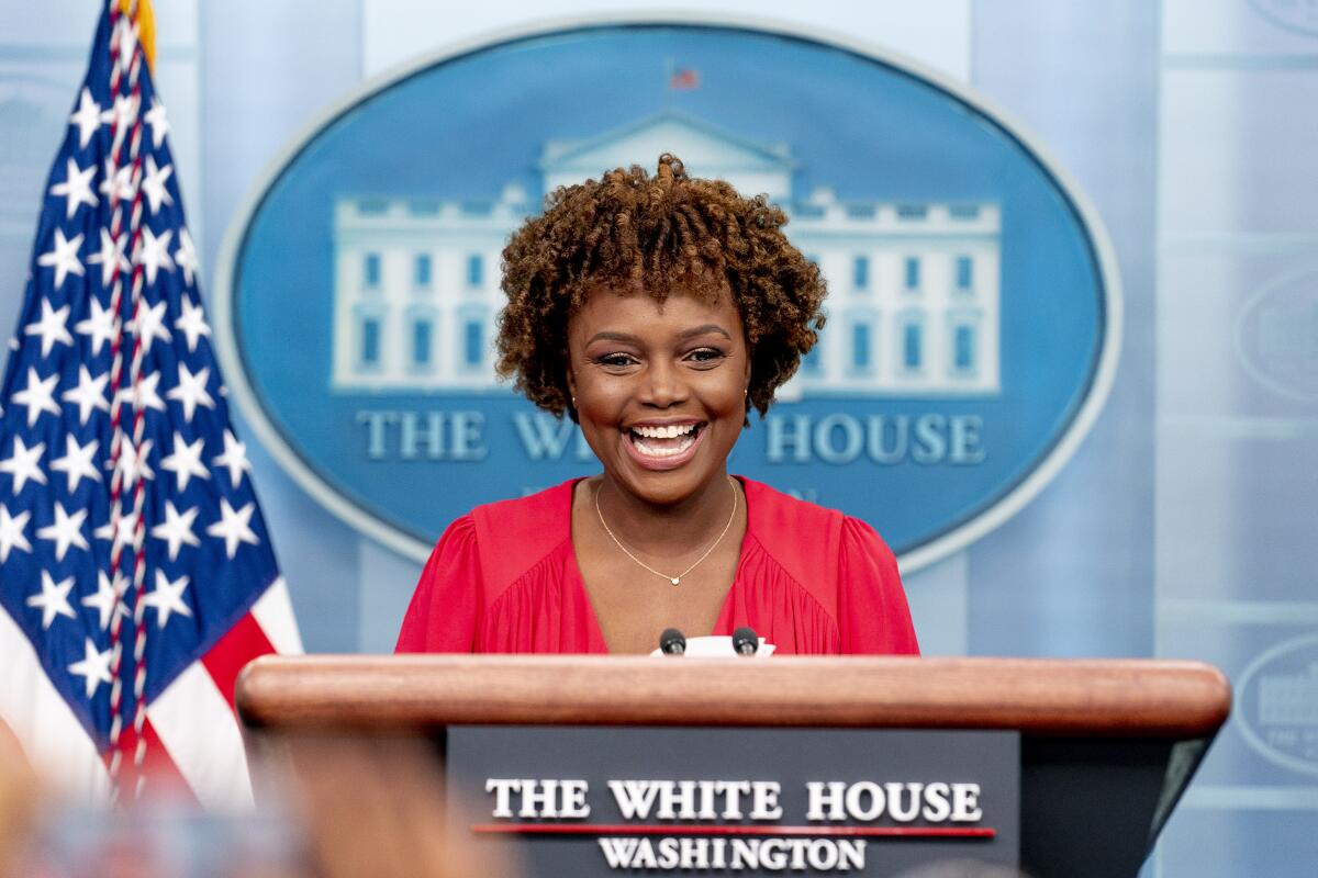 White House press secretary Karine Jean-Pierre laughs during her first press briefing as press secretary at the White House in Washington, Monday, May 16, 2022. (AP Photo/Andrew Harnik)