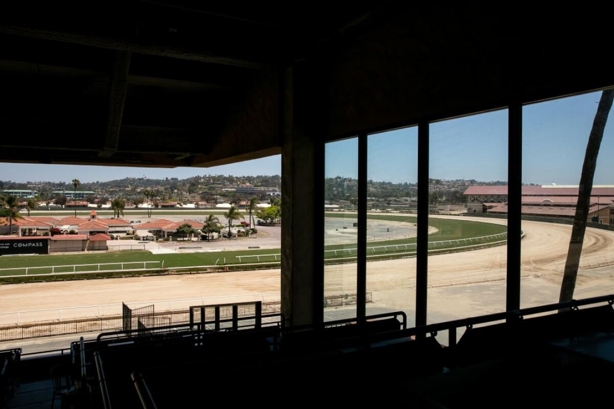 The Del Mar Fairgrounds lies empty during the coronavirus pandemic on May 27, 2020. Fairgrounds officials are asking people to support a request for $20 million in federal aid to help them weather the financial blow they’ve taken during the pandemic.