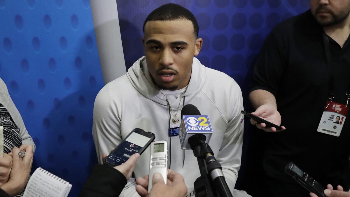 Talen Horton-Tucker, speaking to reporters during the NBA combine in May, likely will find out Friday if the stress reaction in his right foot has healed enough for him to play in Summer League.