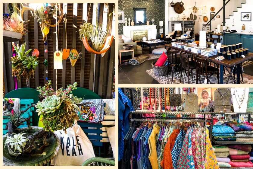 Three interiors of stores in Ojai selling clothing and home goods