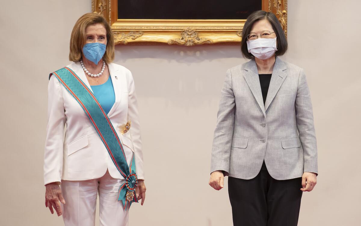 House Speaker Nancy Pelosi, left, with Taiwanese President Tsai Ing-wen in Taipei on Aug. 3.
