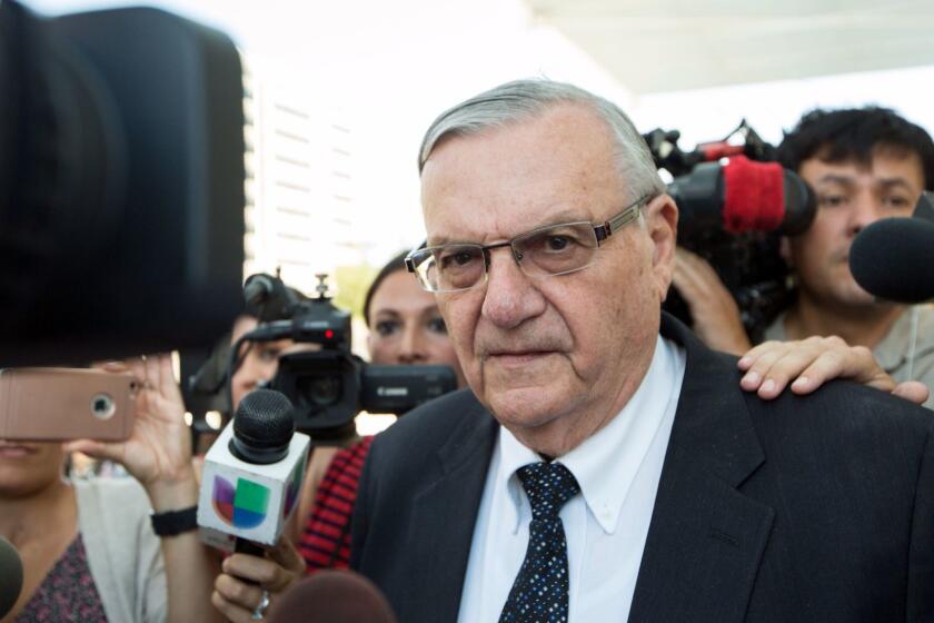 FILE- In this July 6, 2017, file photo, former Sheriff Joe Arpaio leaves the federal courthouse in Phoenix, Ariz. A federal lawsuit set to go to trial Dec. 2017, marks the latest in a series of legal actions brought against Arpaio based on allegations that he pursued a trumped-up criminal case to get publicity and embarrass an adversary. The malicious-prosecution lawsuit was filed by one of Sen. Jeff Flakeâs sons, who alleges Arpaio pursued felony animal cruelty charges against him and his then-wife in a bid to do political damage to the senator and garner publicity for the lawman. (AP Photo/Angie Wang, File)