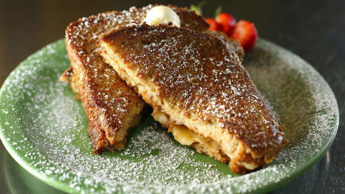 Peanut Butter and Banana Stuffed French Toast is a popular item at Cafe 222, a breakfast cafe in downtown San Diego.