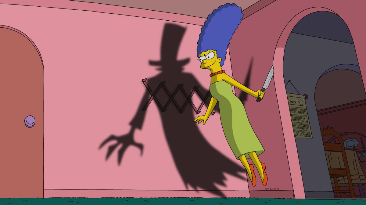 Marge Simpson floats above the floor holding a knife and looking evil.