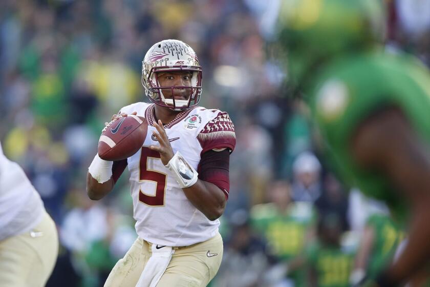 Florida State quarterback Jameis Winston drops back to pass against Oregon during the Rose Bowl on Jan. 1.