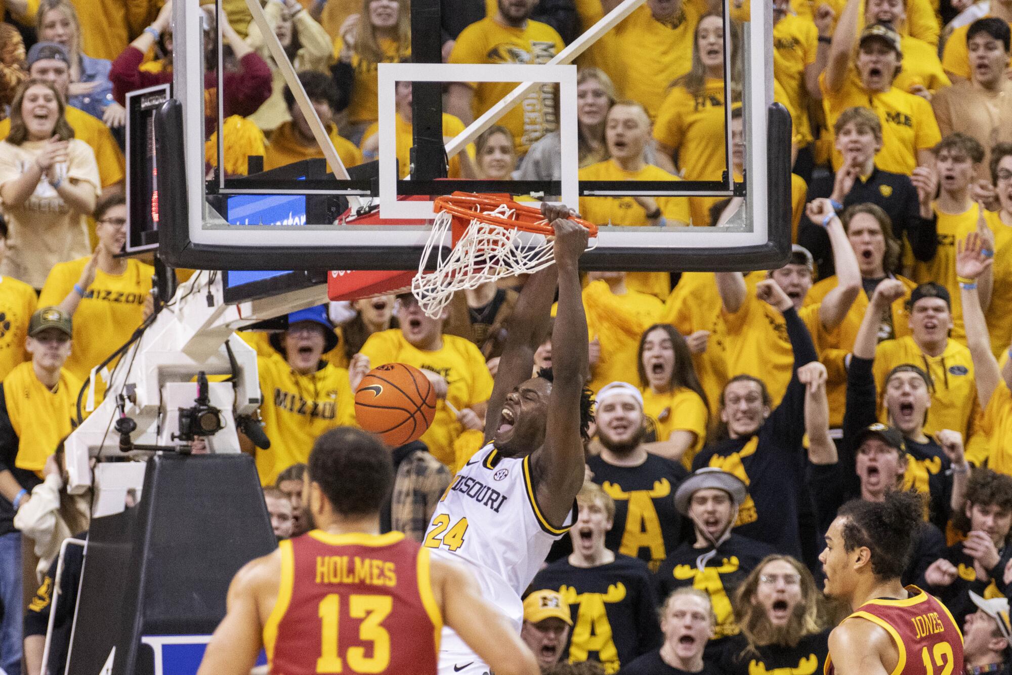 Missouri's Kobe Brown dunks during a game against Iowa State in January.