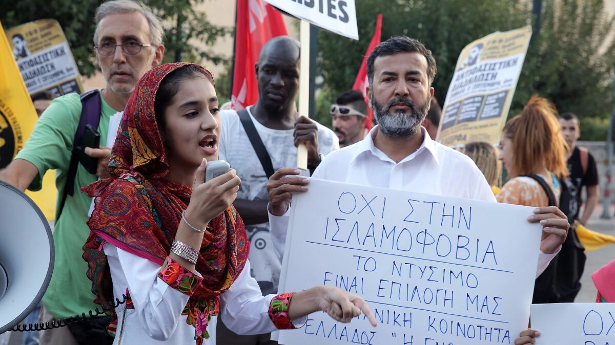 Protesters at rally against Islamophobia in Athens, Greece in August.