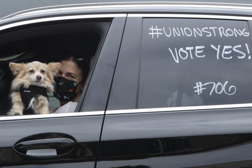 LOS ANGELES, CA - SEPTEMBER 26: Alexis Walker, a makeup artist waits in her car with her dog Waffle during a rally at the Motion Picture Editors Guild IATSE Local 700 on Sunday, Sept. 26, 2021 in Los Angeles, CA. Up to 60,000 members of the International Alliance of Theatrical Stage Employees (IATSE) might go on strike in the coming weeks over issues of long working hours, unsafe conditions, less pay from streaming companies and demand for better benefits. (Myung J. Chun / Los Angeles Times)
