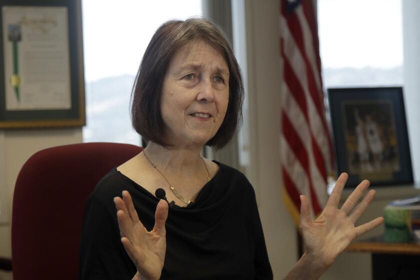 Democratic state Sen. Nancy Skinner, author of the bill that allows athletes at California colleges to hire agents and sign endorsement deals, is interviewed at her office in Oakland, Calif., Monday, Sept. 30, 2019. Defying the NCAA, California opened the way Monday for college athletes to hire agents and make money from endorsement deals with sneaker companies, soft drink makers and other sponsors, just like the pros. (AP Photo/Jeff Chiu)