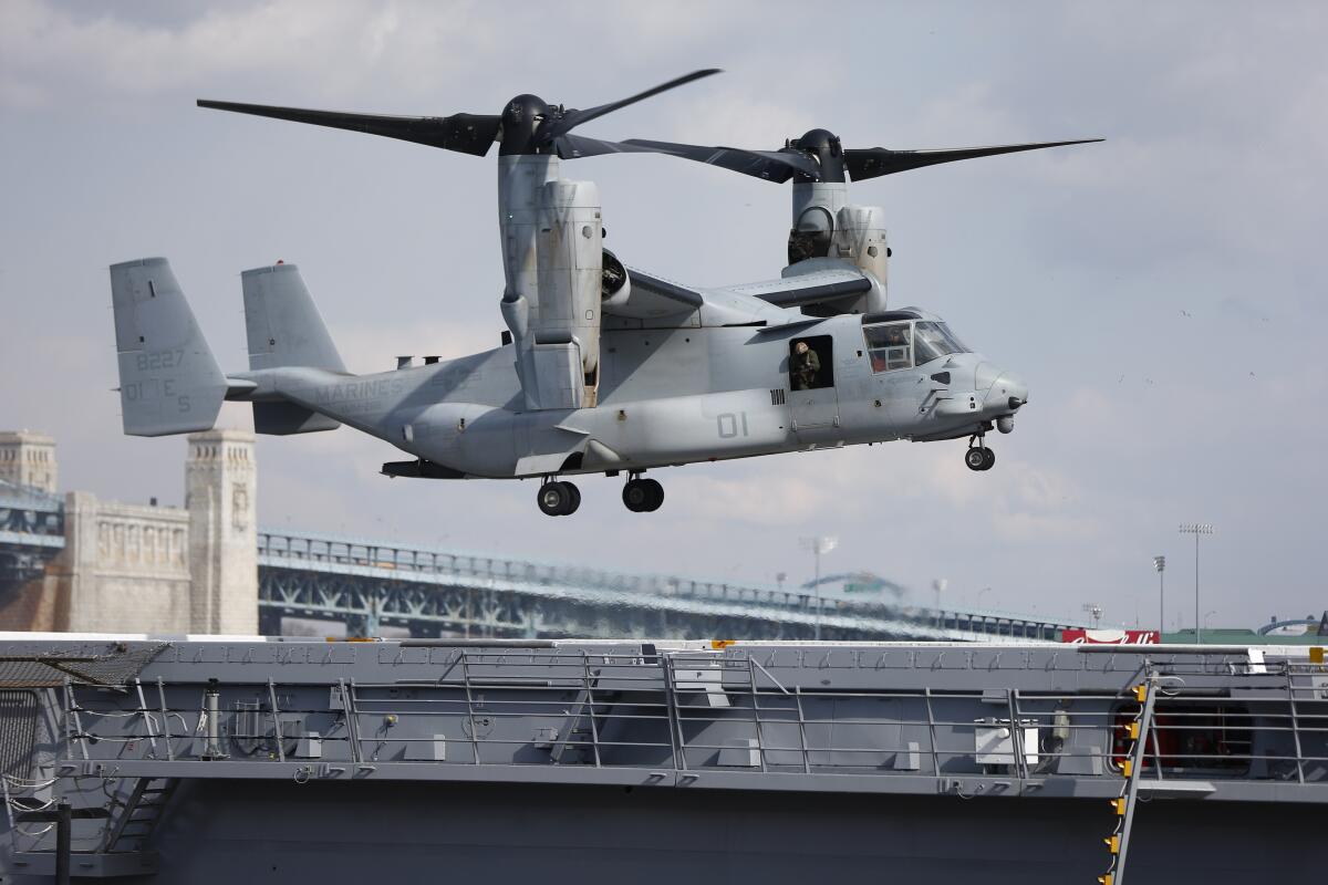 An Osprey lands aboard the USS Somerset in Philadelphia on Feb. 27, 2014.