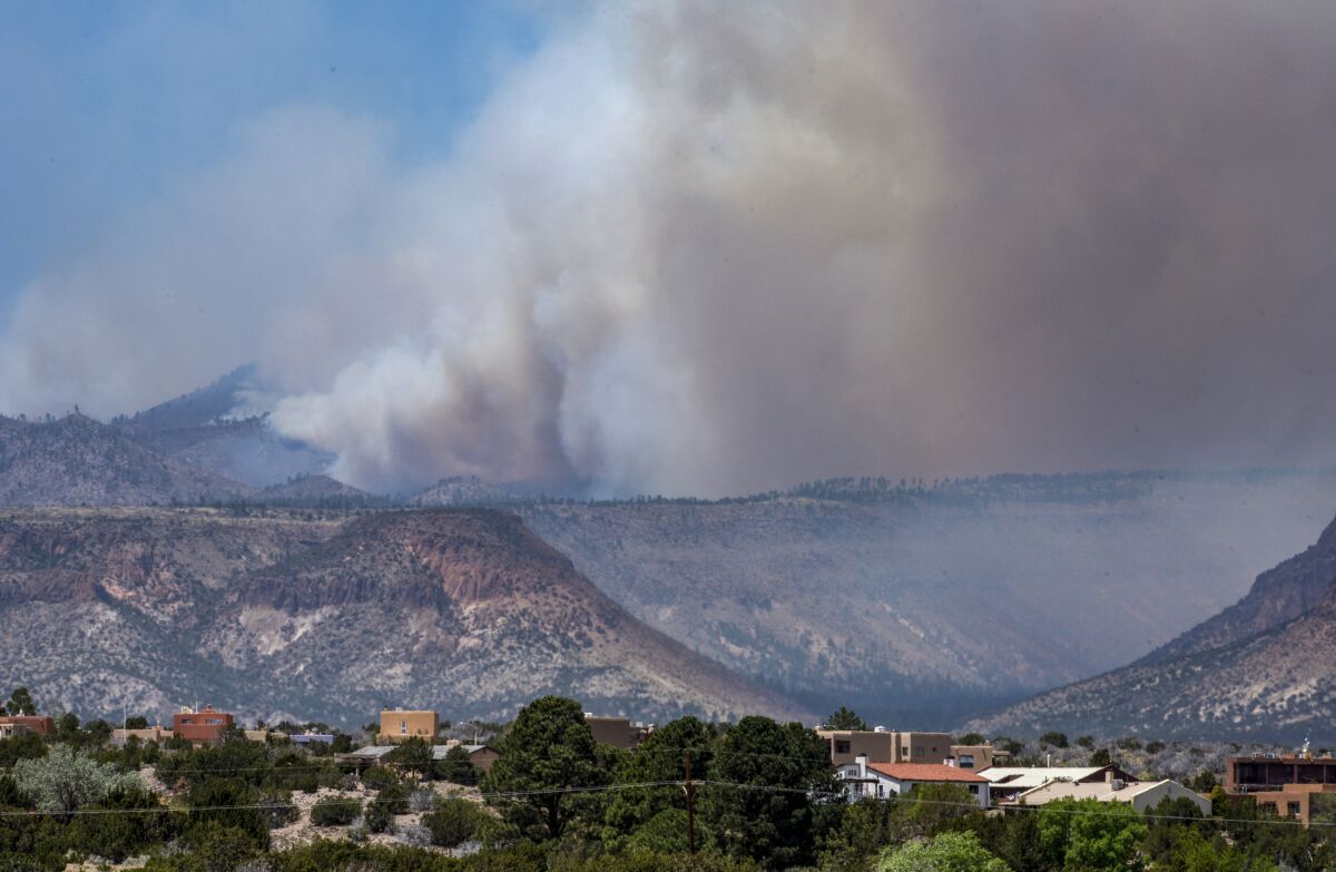The Cerro Pelado Fire burns in the Jemez Mountains on Friday, April 29, 2022 in Cochiti, N.M.. (Robert Browman//The Albuquerque Journal via AP)