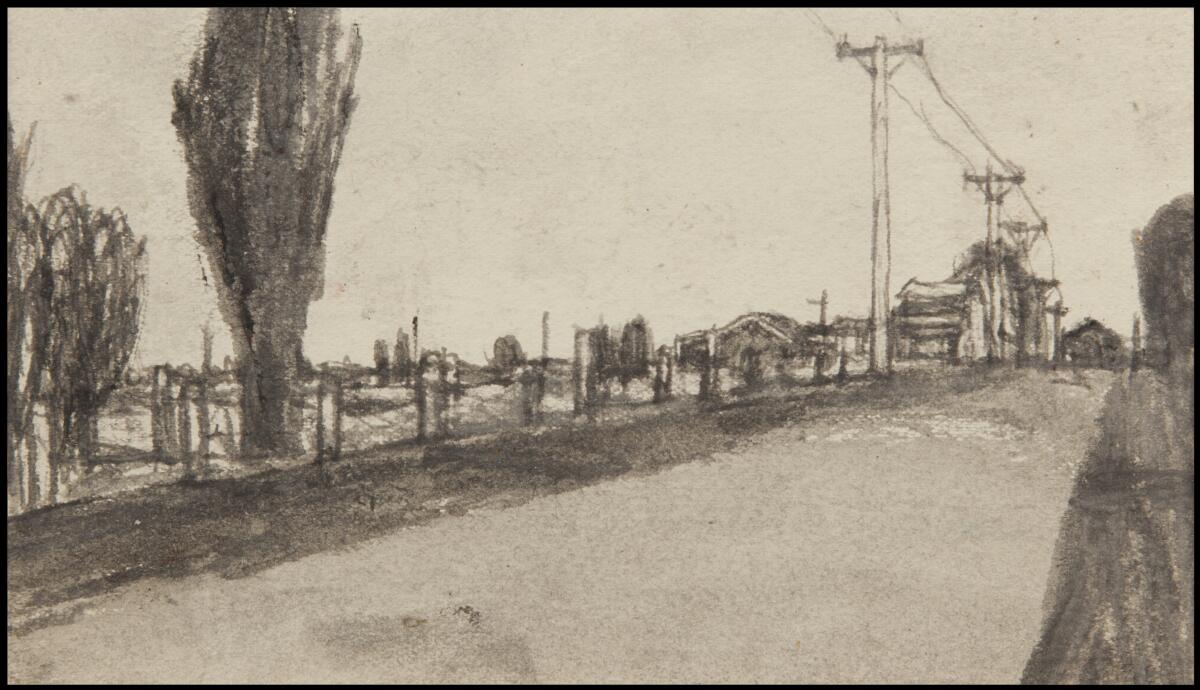 A drawing of a road lined with trees, a fence and power lines. 