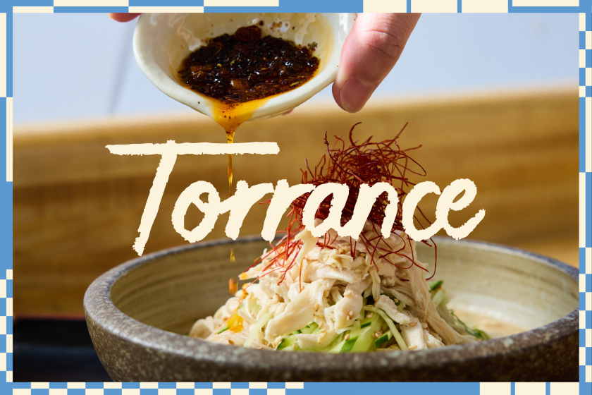 Kota Sawai's housemade chili oil being drizzled on Banbanji cold noodles at Ichimiann
