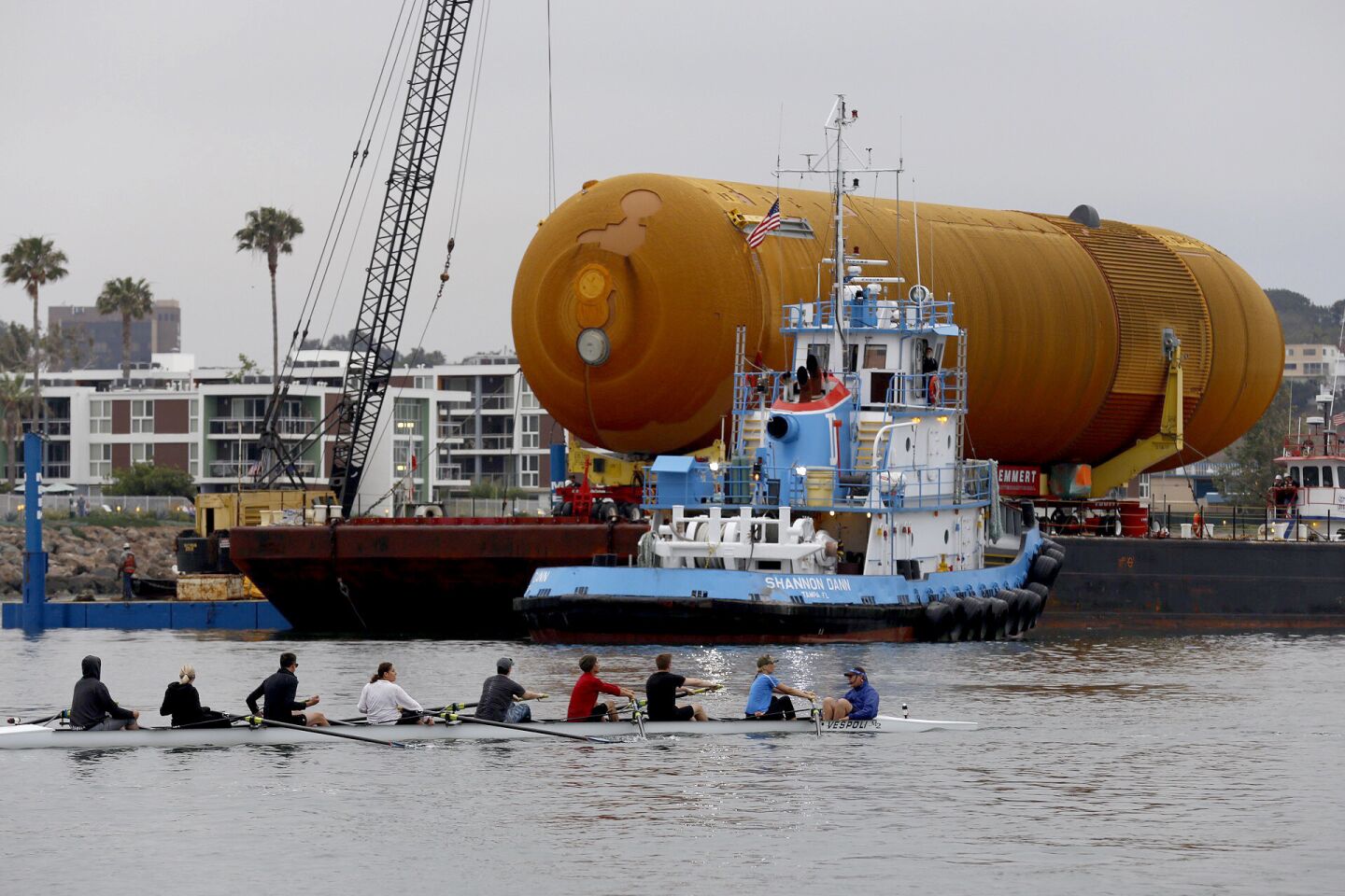ET-94, NASA's last remaining space shuttle external tank, arrives in Marina del Rey prior to docking next to Fisherman's Village in advance of the final leg of its voyage through the streets of Los Angeles to the California Science Center.