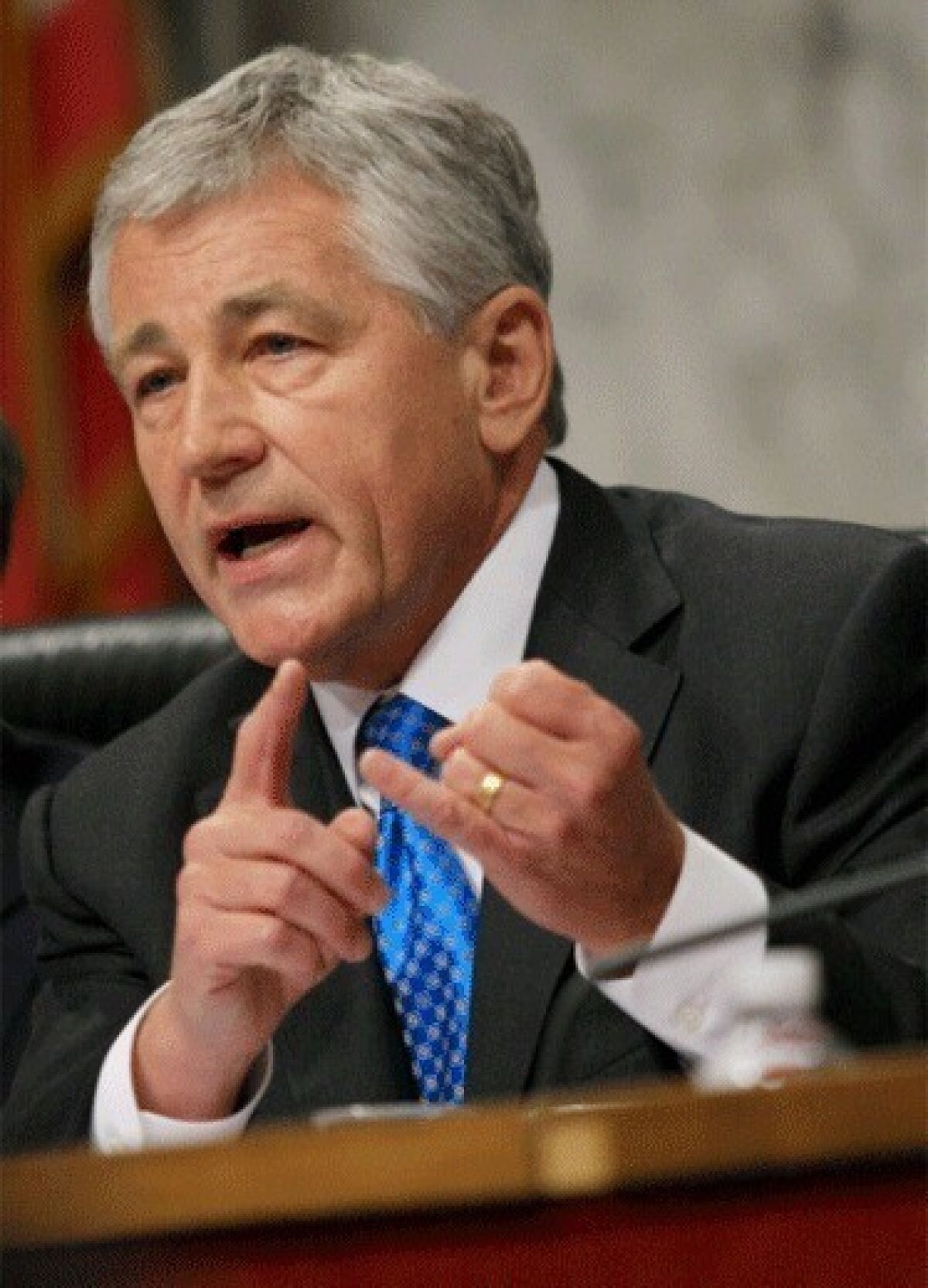 Former Sen. Chuck Hagel (R-Neb.) is seen speaking during a hearing held by the Senate Foreign Relations Committee on Capitol Hill in Washington, D.C.