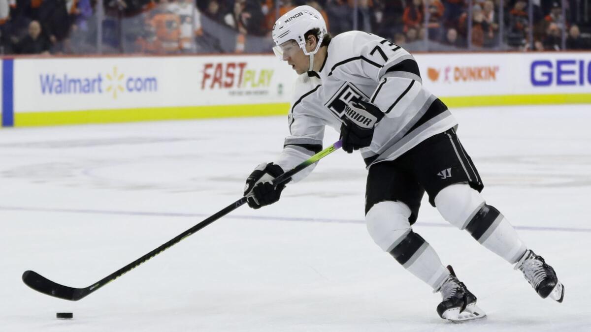 Kings winger Tyler Toffoli brings the puck up ice against the Flyers earlier this season.