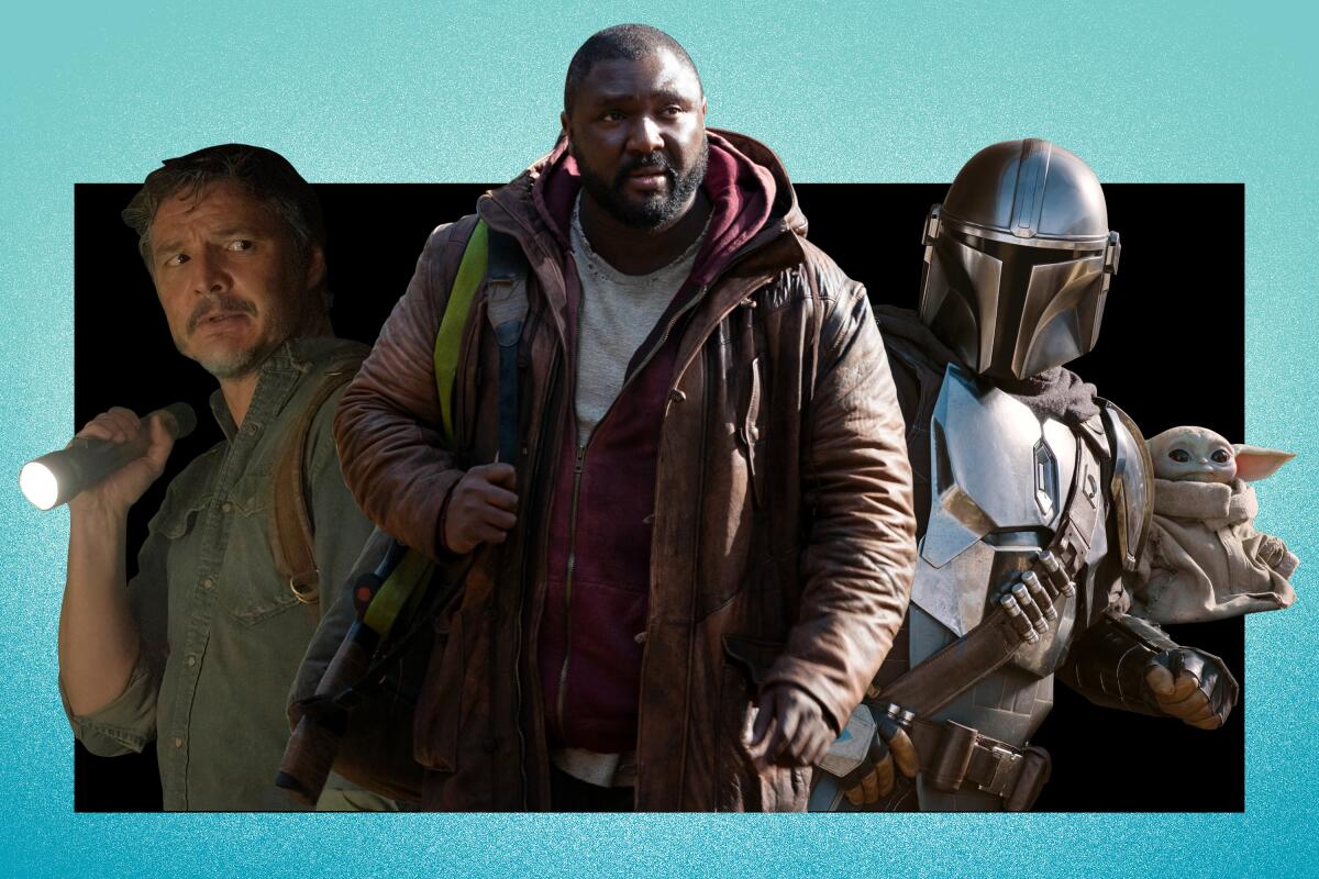 Three men, Jepperd in Sweet Tooth, Joel from "The Last of Us," and the Mandalorian.
