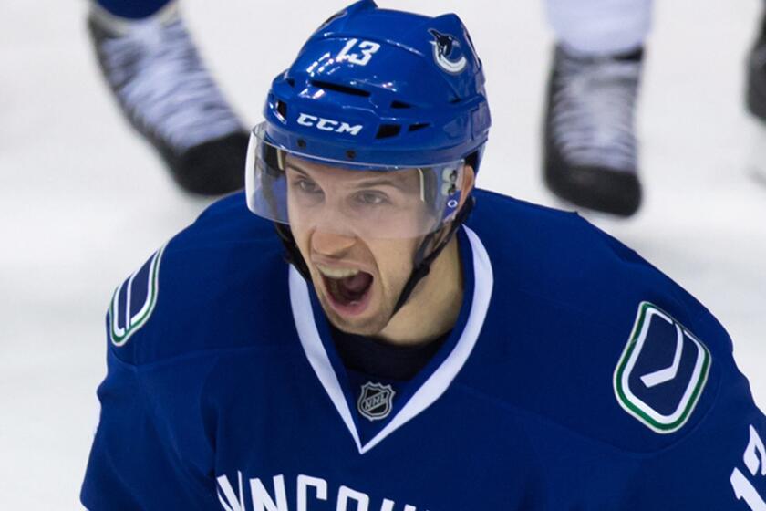 Vancouver Canucks forward Nick Bonino celebrates after scoring a goal against the New York Islanders on Jan. 6.