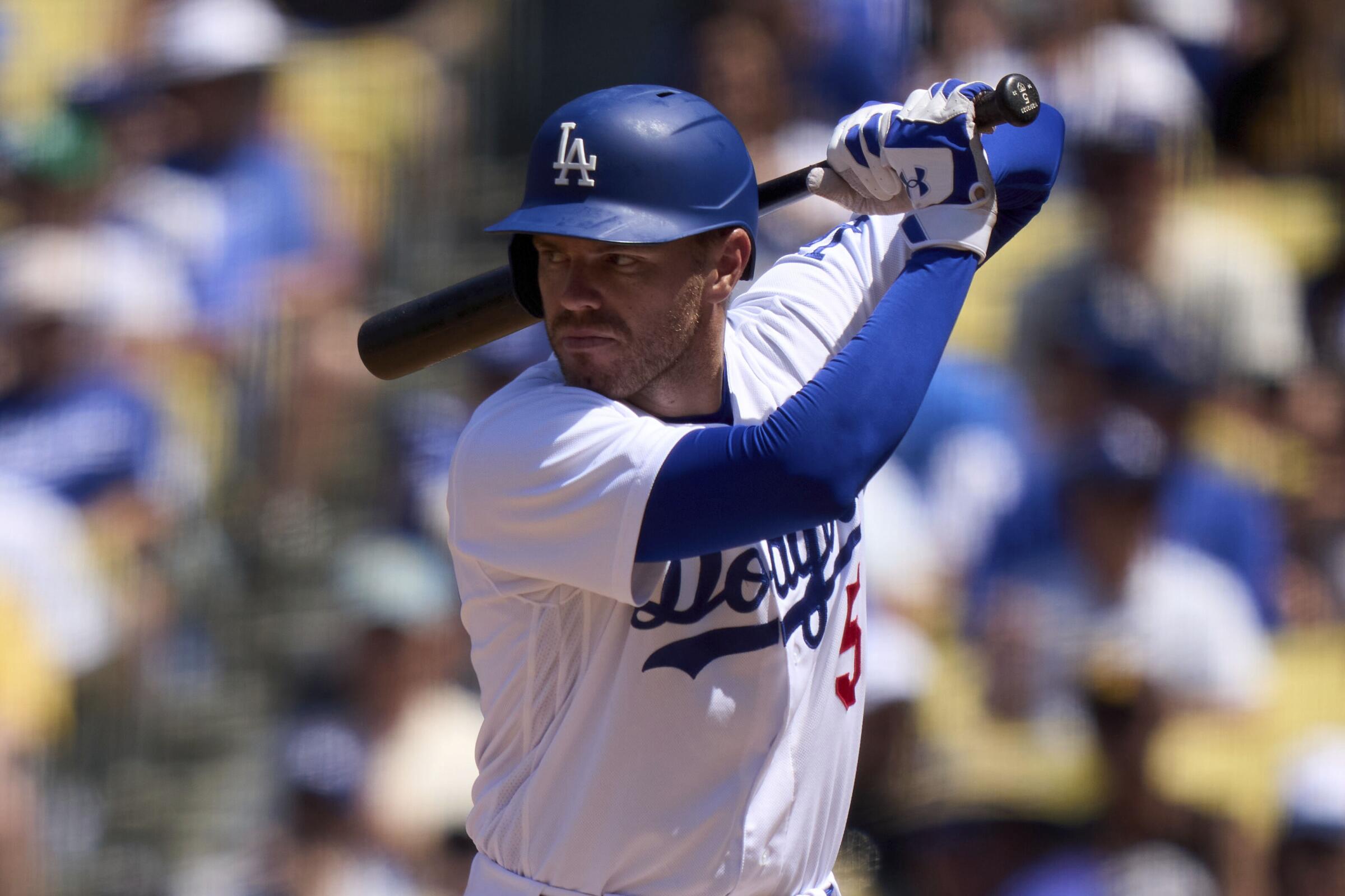 The Dodgers' Freddie Freeman bats during a 4-0 victory over the San Diego Padres on May 14, 2023.