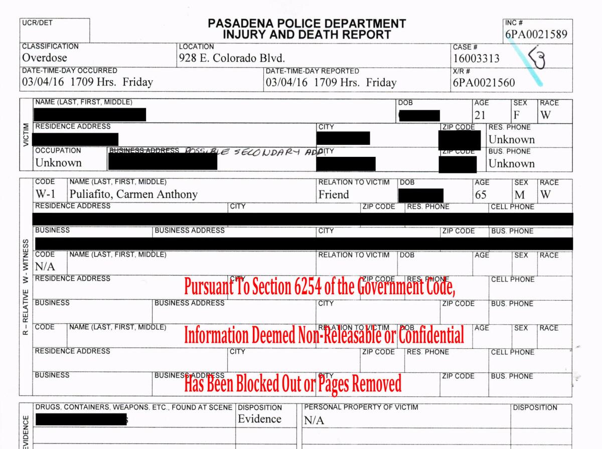 Pasadena police prepared a report on the Hotel Constance episode only after The Times repeatedly asked for information about it. The heavily redacted report identifies Puliafito as a witness to the overdose and as a friend of the victim.