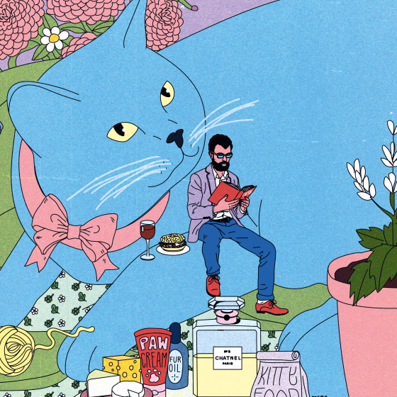 Illustration of a giant blue cat with his human dad sitting on his arm. 