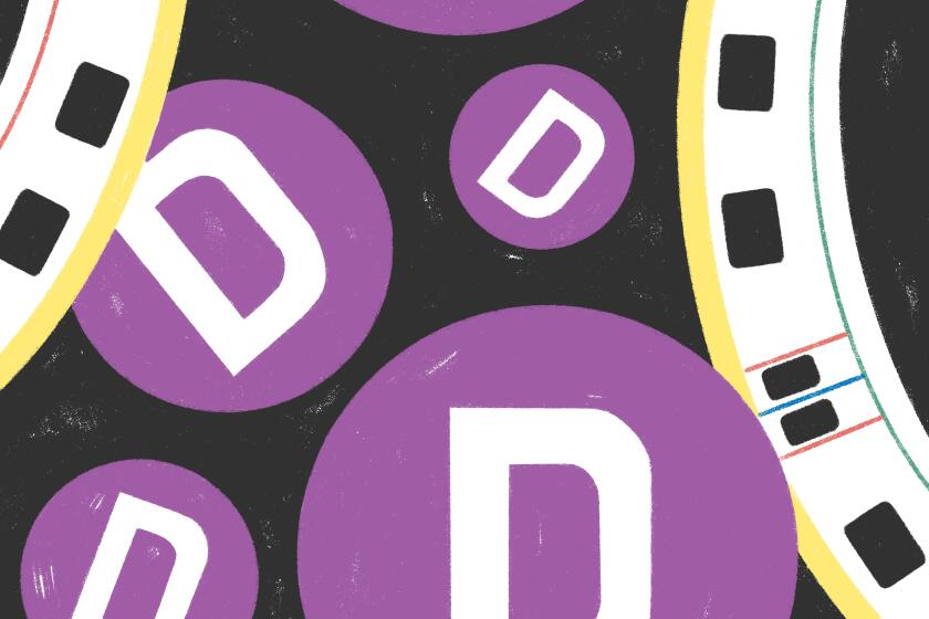 Illustration of subway cars curving around purple bubbles with the letter D in them