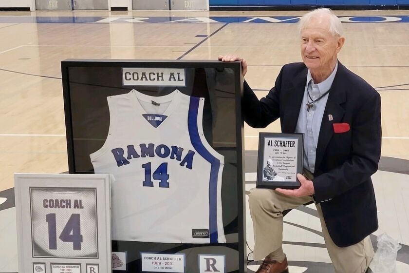 Retired Ramona High basketball coach Al Schaffer was honored for his 14 years of coaching at a Jersey Retirement Ceremony.