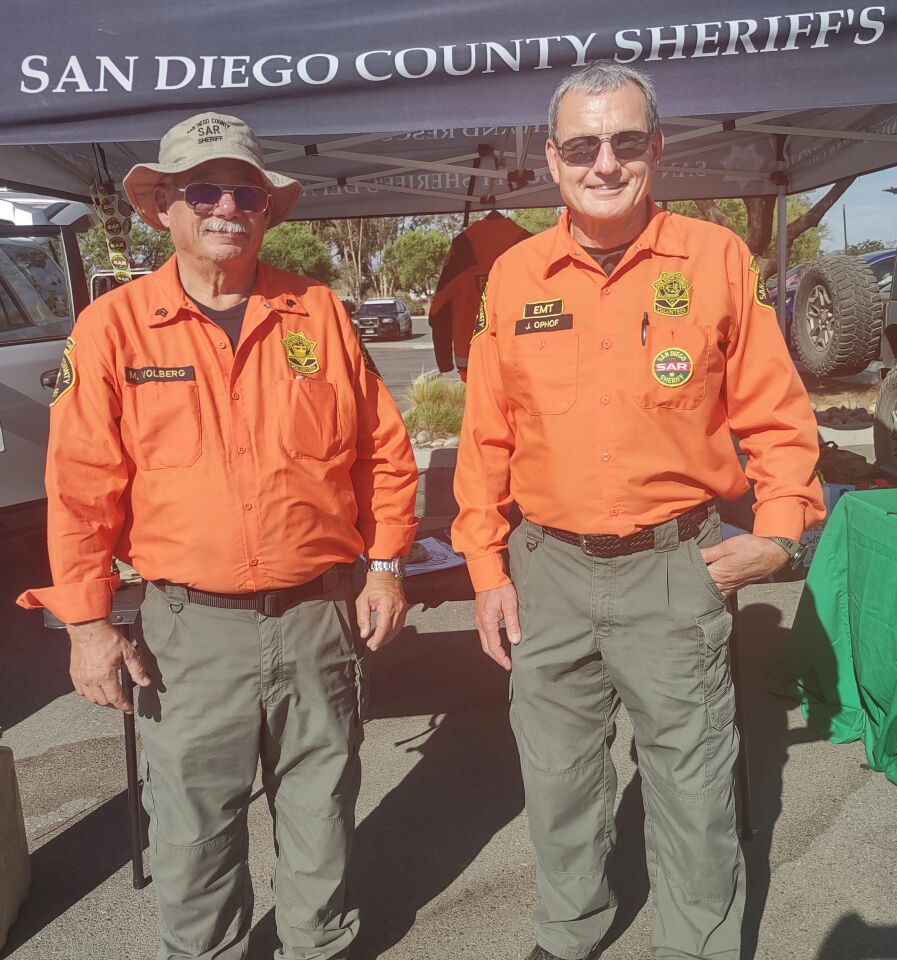 San Diego County Sheriff’s Department Search and Rescue volunteers Mike Volberg, left, and Jan Ophof attended National Night Out.