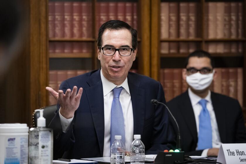 Treasury Secretary Steven Mnuchin speaks during a Senate Small Business and Entrepreneurship hearing to examine implementation of Title I of the CARES Act, Wednesday, June 10, 2020 on Capitol Hill in Washington. (Al Drago/Pool via AP)