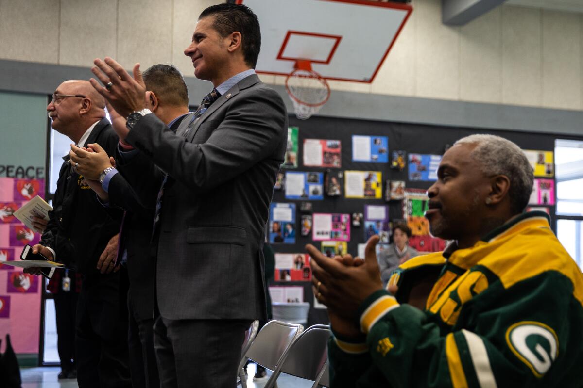 Jon Hatami at a dedication ceremony for Gabriel Fernandez at Summerwind Elementary School.