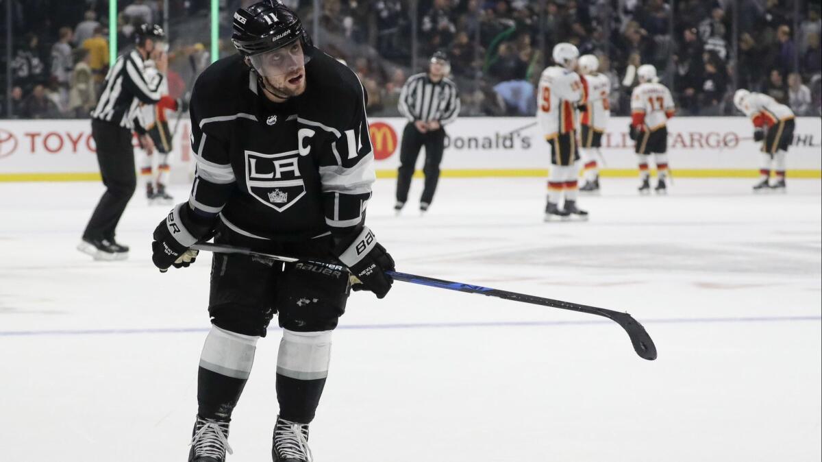 Kings center Anze Kopitar reacts after their loss to the Calgary Flames on Saturday.