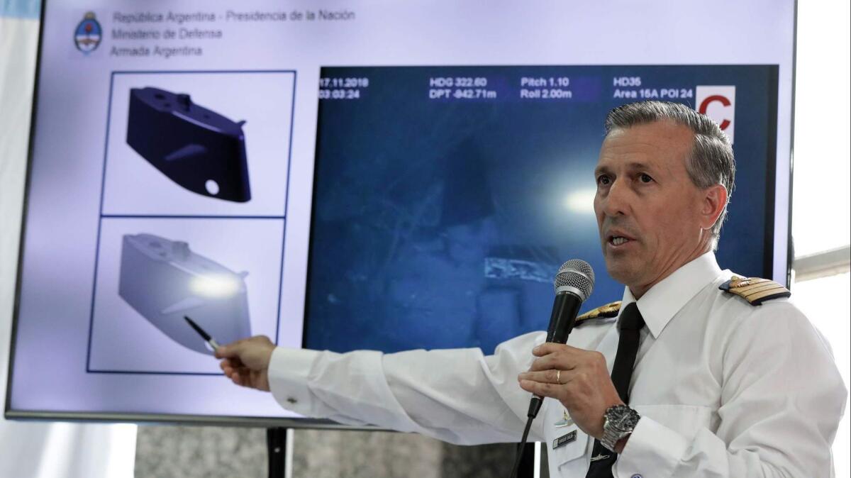 Argentine navy spokesman Enrique Balbis speaks during a Nov. 17 news conference in Buenos Aires regarding the finding of the wreckage of the ARA San Juan submarine.