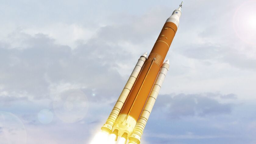 A rendering shows NASA's Space Launch System, which was designed to carry a crew to deep space.