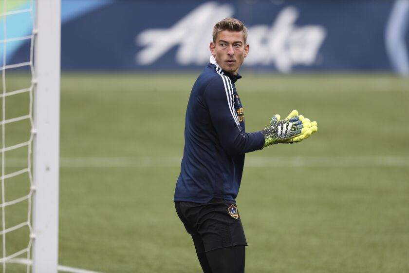 Galaxy goalie Jonathan Klinsmann warms up before an MLS match against the Portland Timbers on May 22, 2021.