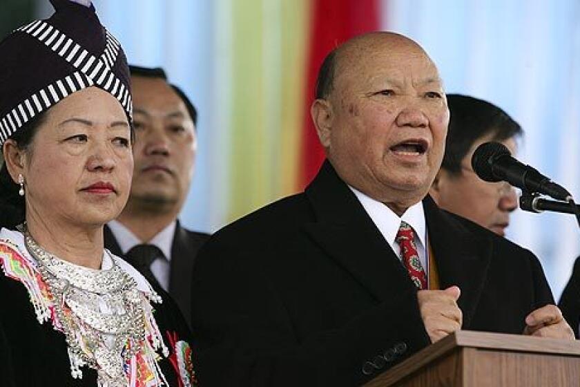 Former Laotian Gen. Vang Pao addressed thousands of supporters when he spoke at the Hmong International New Year celebration in December in Fresno. Vang Pao, 78, remains a hero to many in the Hmong community for leading guerrilla fighters, supported by the U.S. and armed by the CIA, in battling communist forces during the Vietnam War.