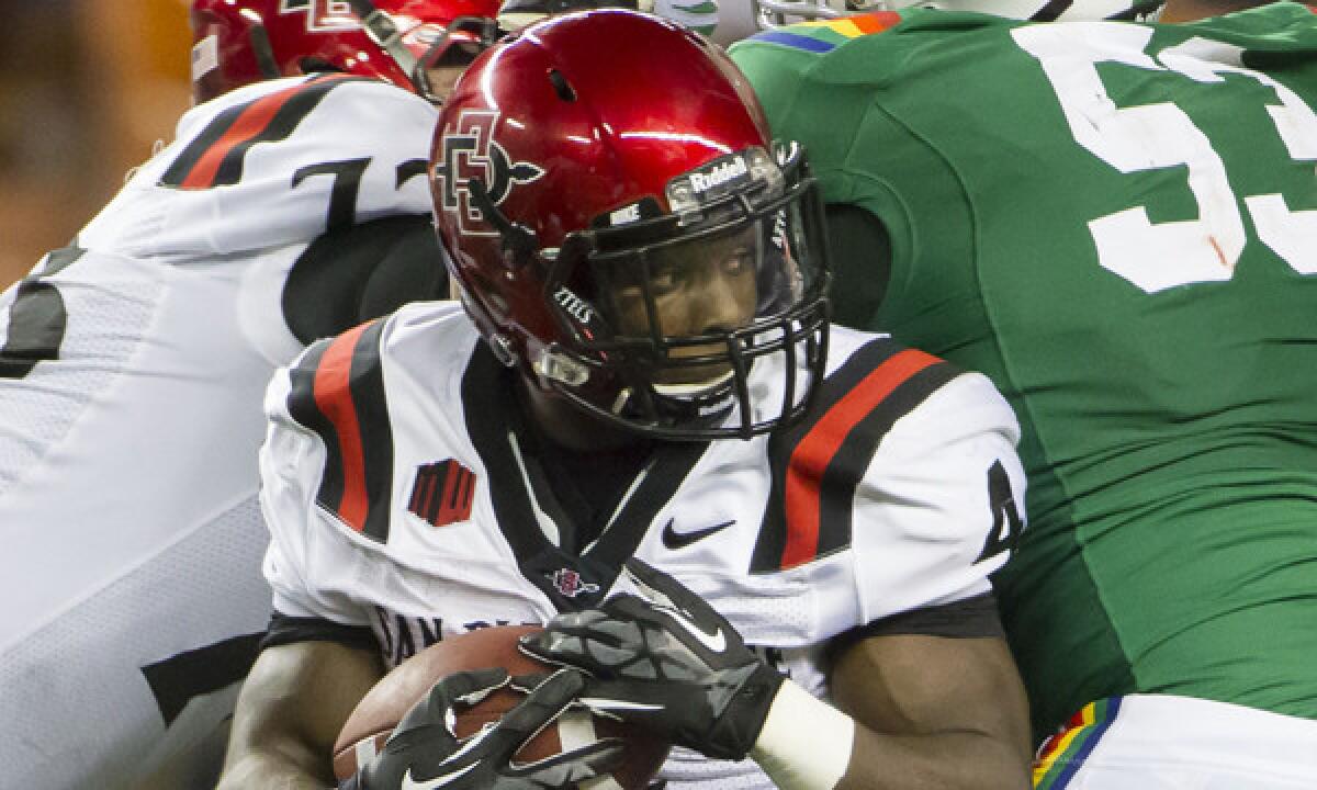 San Diego State running back Adam Muema carries the ball during a game against Hawaii in November. No decision has been made as to whether Muema will participate in the school's pro day on March 19.