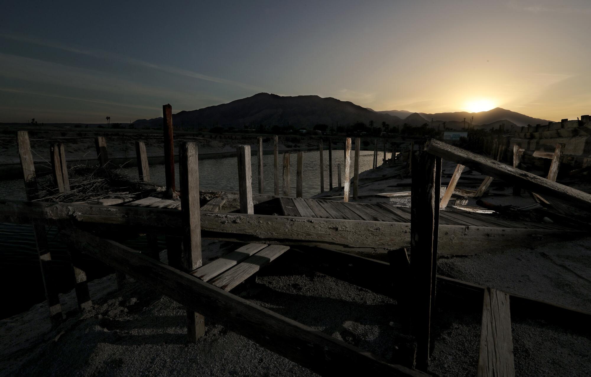 Boat docks are abandoned on the beach in Desert Shores, a community on the Salton Sea. 