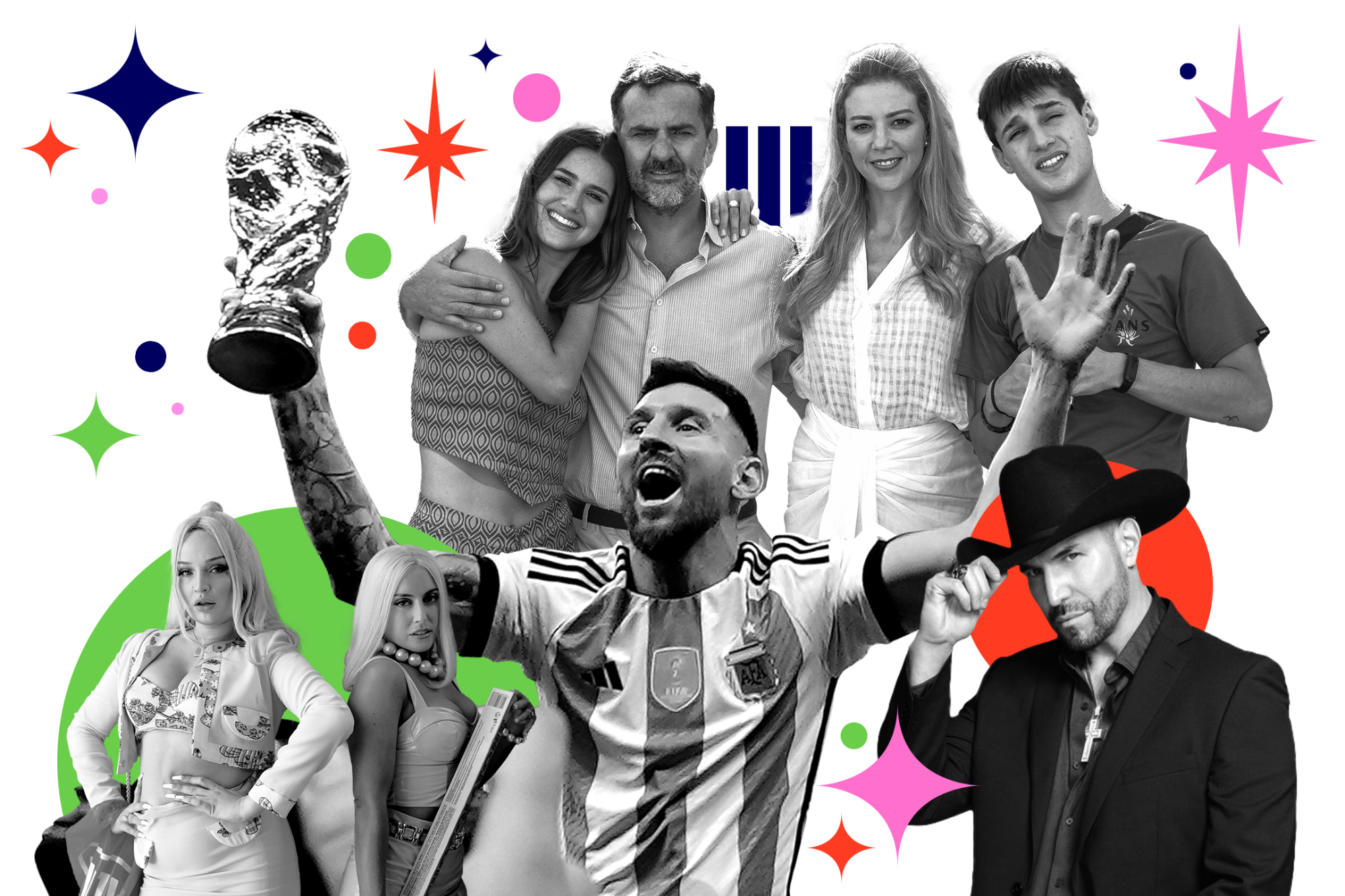 A collage of several Spanish-language TV stars and Argentine football player Lionel Messi